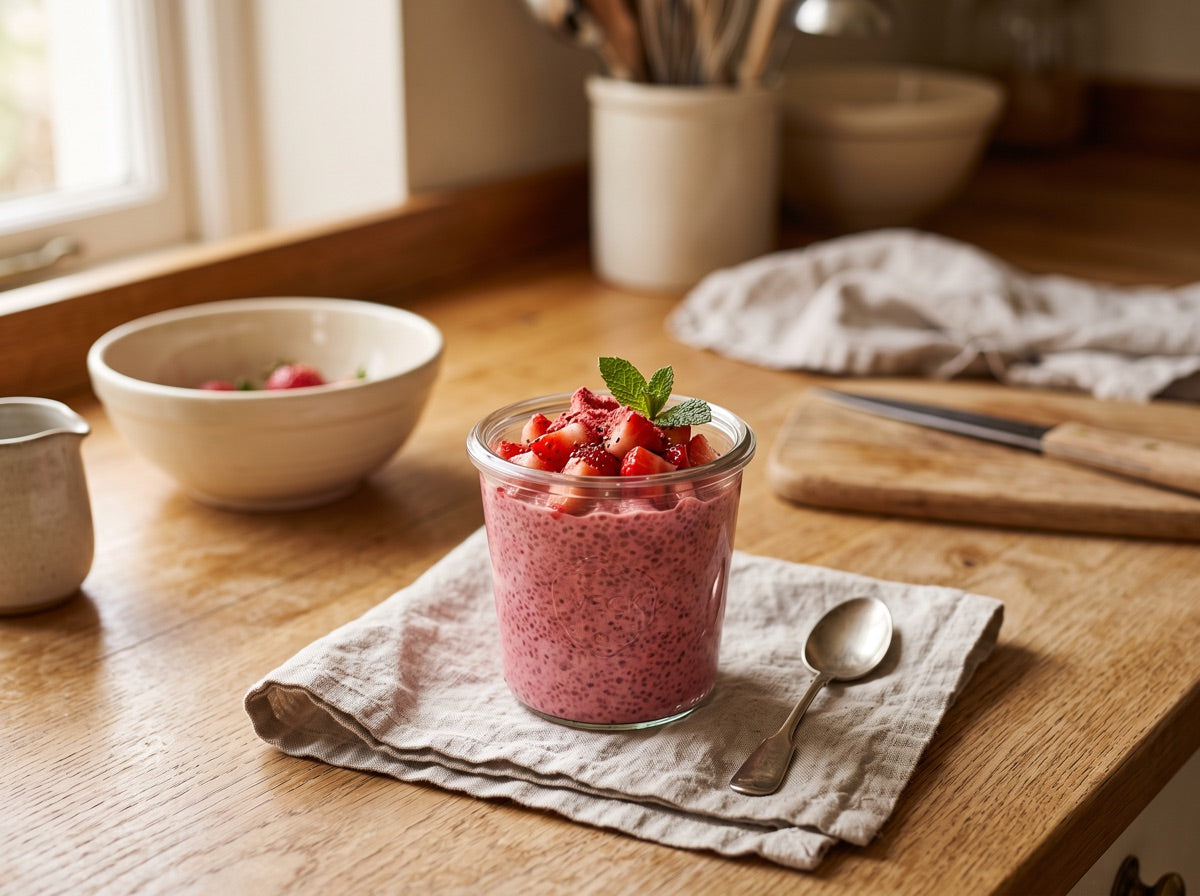 Strawberry Cream Protein Chia Pudding