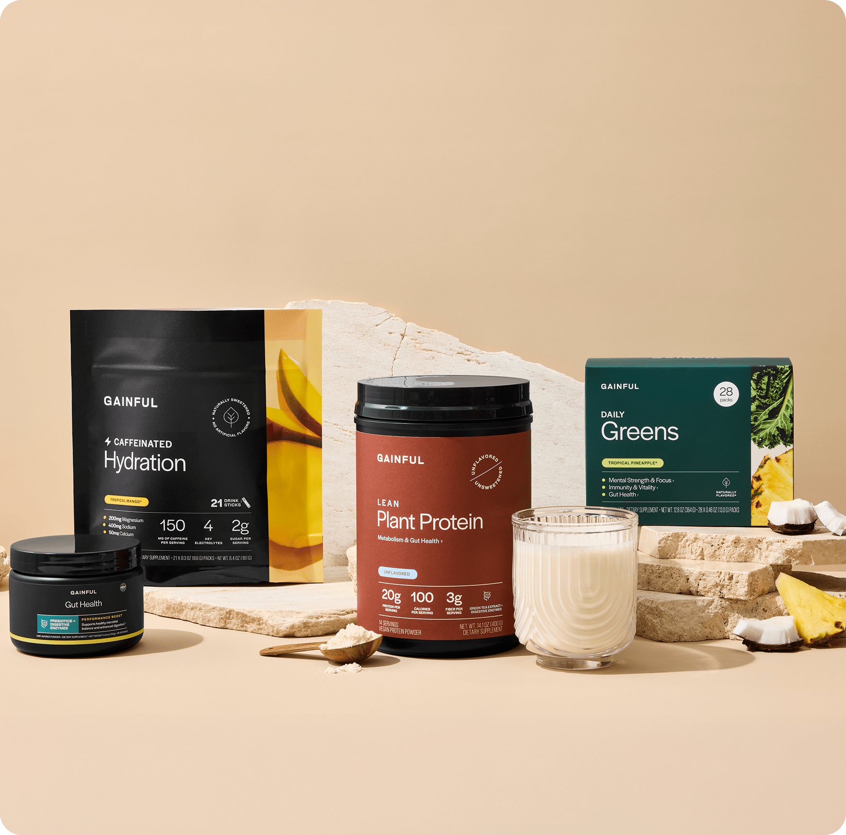 Collection of Gainful health and wellness products on a beige background